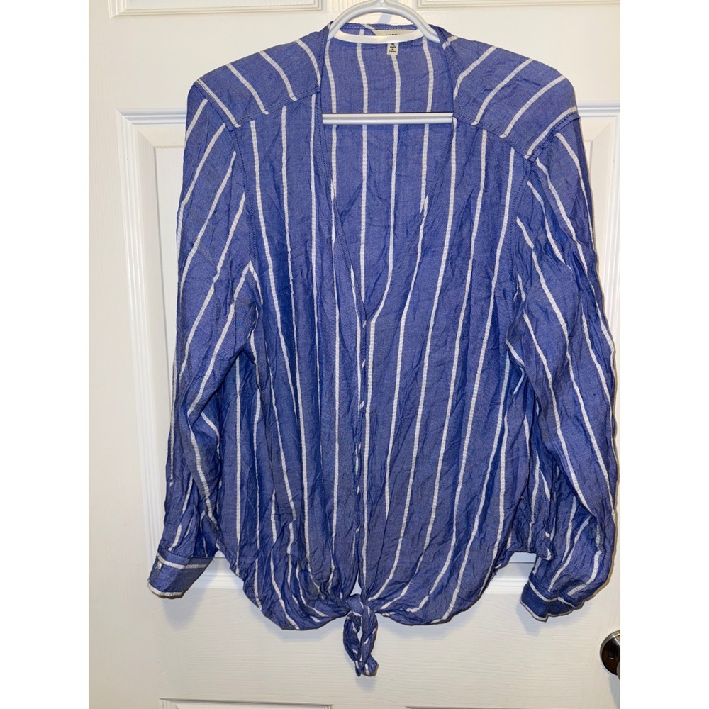 Max Studio Striped Tie-Front Top Blouse Long Sleeve Casual Blue XL‎